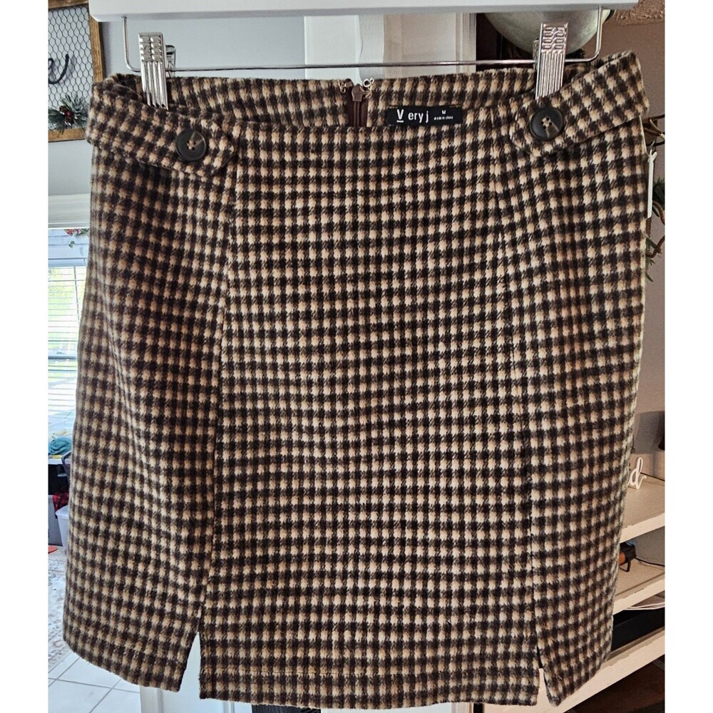 Very J Houndstooth Brown Beige Tweed Style Plaid Mini Academic Preppy Retro Med